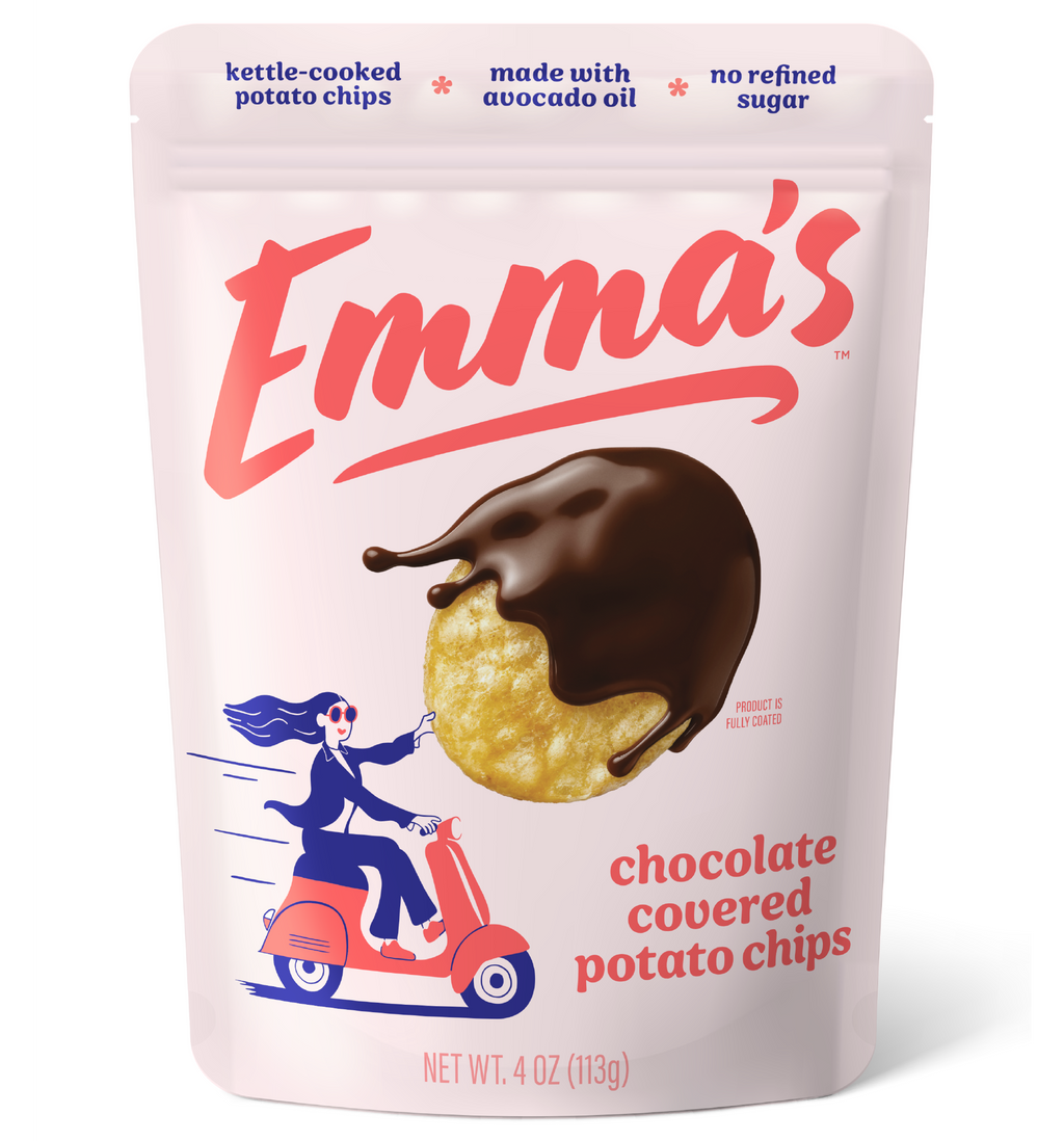 Emma's chocolate-covered potato chip packaging