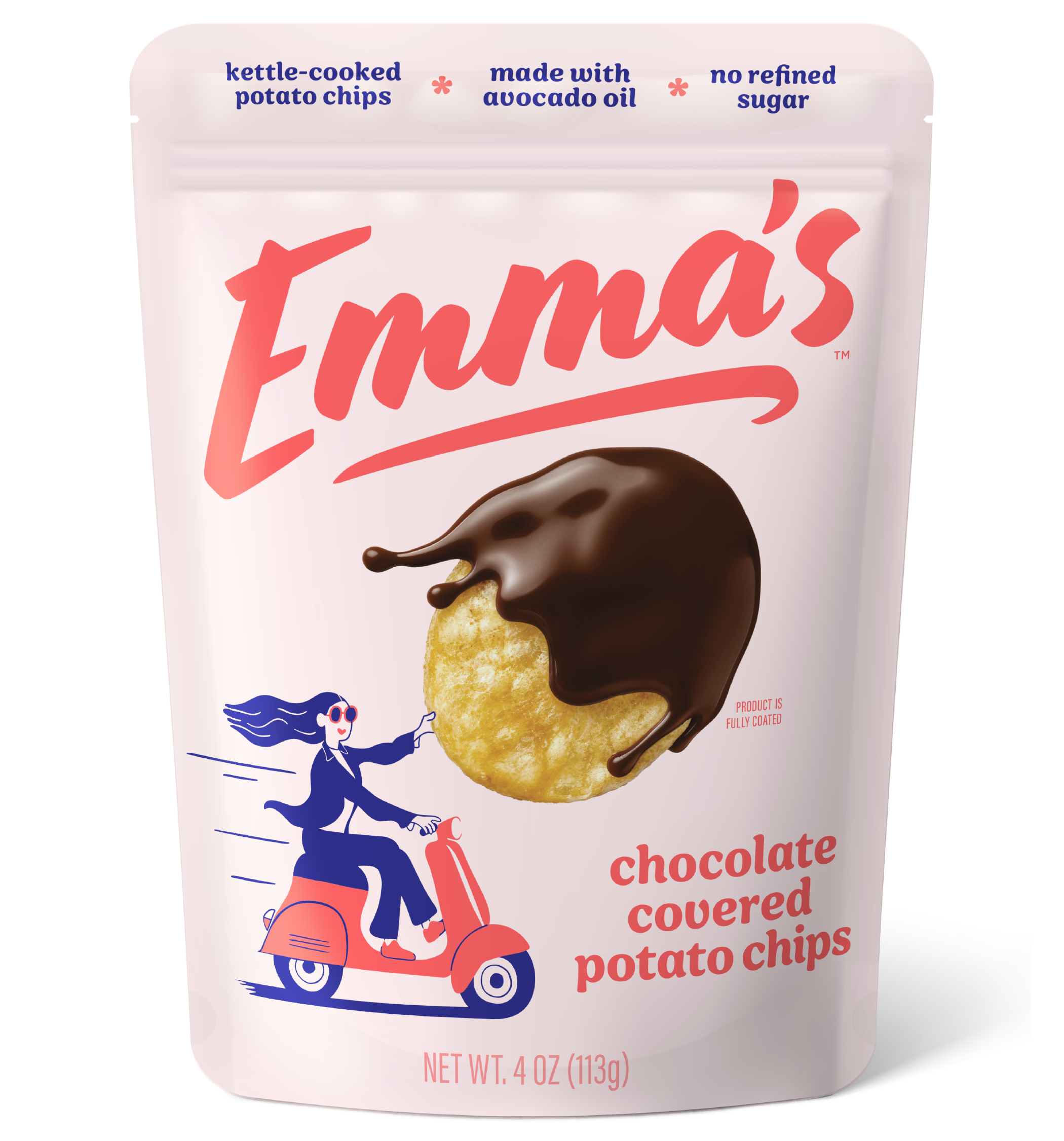 Emma's chocolate-covered potato chip packaging